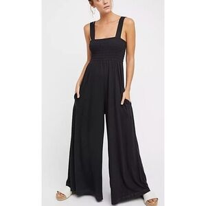 Free People Black Smocked Bodice Wide-Leg Jumpsuit